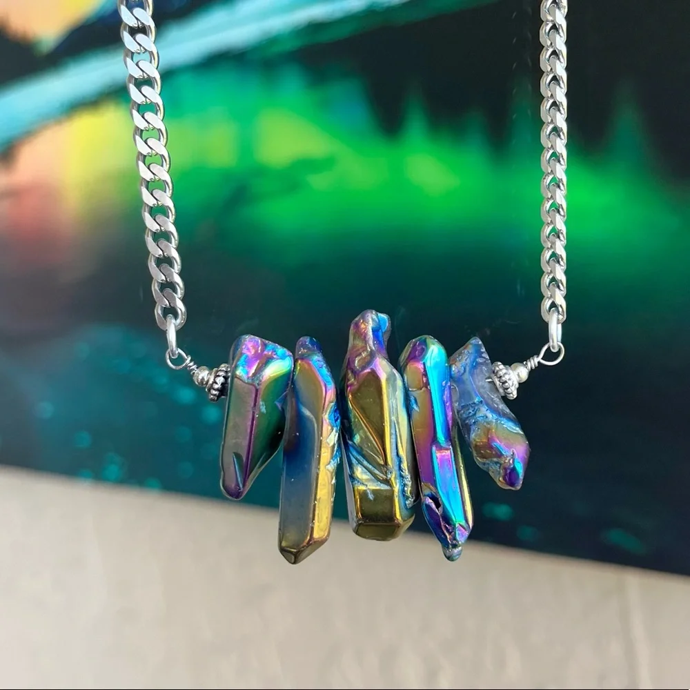5 Rainbow aura crystal quartz on stainless steel chain boho goth choker necklace
